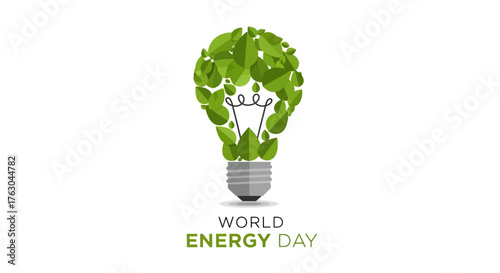 Green Light Bulb Made of Leaves Symbolizing Sustainable Energy and Environmental Conservation for World Energy Day