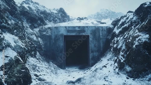 Mysterious entrance to a cold and snowy underground facility surrounded by rocky terrain