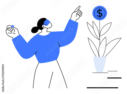 Woman holding coin and pointing at blooming money plant with dollar sign. Ideal for finance, investment, savings, growth, wealth, business strategy, budgeting. Simple flat metaphor