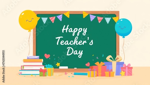 Happy Teacher's Day Greeting Card with Chalkboard, Balloons, and Books. Cute Hand-Drawn Doodle Style Illustration.
