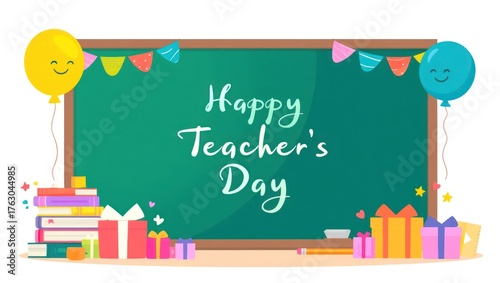 Happy Teacher's Day Greeting Card with Chalkboard, Balloons, and Books. Cute Hand-Drawn Doodle Style Illustration.