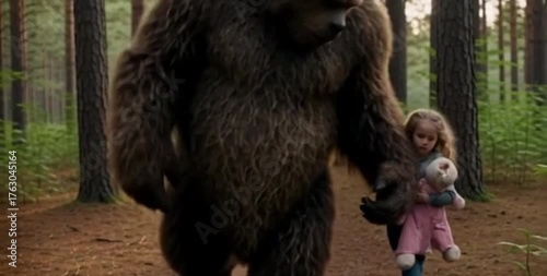 A large, brown, hairy creature resembling a Big Foot walks through a forest with a small girl in a dress holding a baby doll walking beside it.