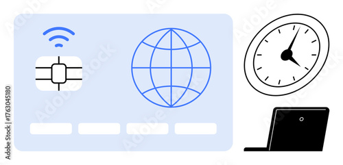 Globe, wireless, microchip, clock, and laptop suggest global digitalization, connectivity, time, technology. Ideal for tech innovation productivity globalization IoT communication time tracking