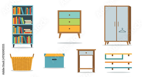 Illustrated Set of Diverse Home Furniture and Storage Items for Interior Design Concepts and Modern Living Spaces