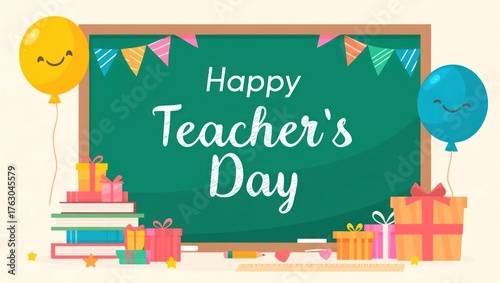 Happy Teacher's Day Greeting Card with Chalkboard, Balloons, and Books. Cute Hand-Drawn Doodle Style Illustration.