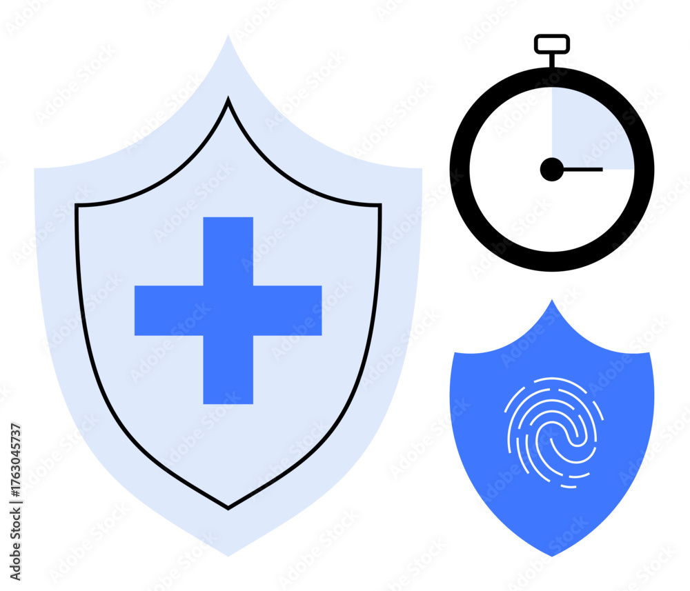 Obraz premium Shield with cross signifying healthcare safety, stopwatch for time management, shield with fingerprint symbolizing biometric protection. Ideal for security, health, technology, identity, insurance