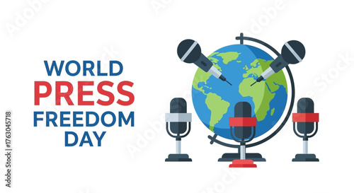 Global Journalism and Freedom of Speech Concept with Microphones Surrounding Planet Earth Vector Illustration