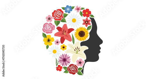 A blend of nature's vibrant flowers blossoming within the silhouette of a human head, symbolizing mental wellness and growth