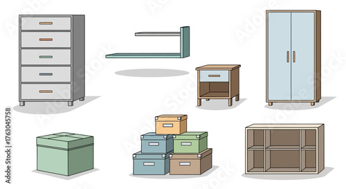 Diverse Collection of Illustrated Home Organization Furniture Essential Storage Cabinets, Drawers, and Shelves for Modern Living Spaces and Utility