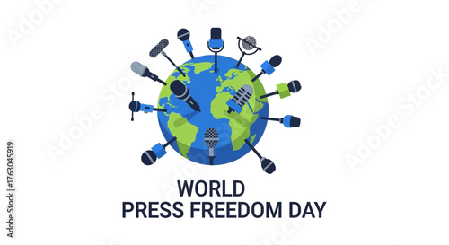 Planet Earth with various microphones representing global media, journalism, and the importance of free speech and information