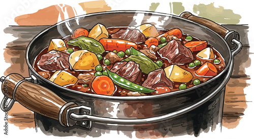 Hearty beef stew simmers in a rustic pot filled with colorful vegetables