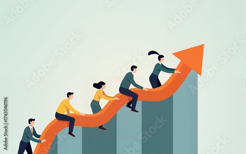 Business people holding growth arrow as a symbol working together, making a progress, successful way to move the business. High quality
