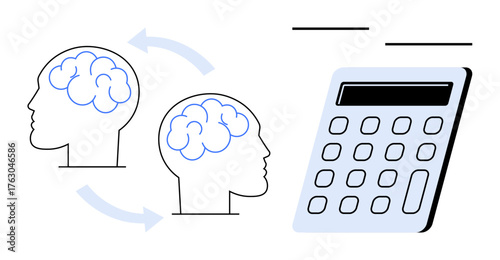 Two heads with brain outlines linked by arrows showing idea exchange next to a calculator suggesting problem-solving. Ideal for collaboration, logic, brainstorming, strategy, computation, analytics