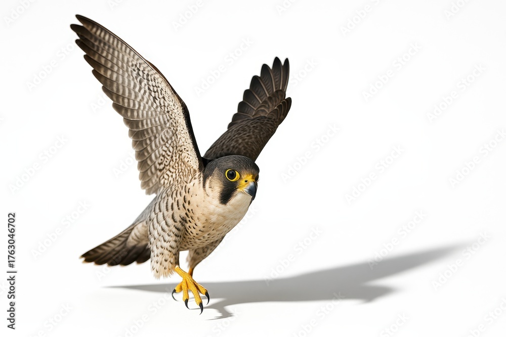 Fototapeta premium Falcon full body side profile at takeoff with wings in powerful downstroke on white