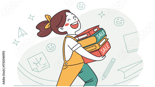 Excited Student Carrying Books for Back to School Sale