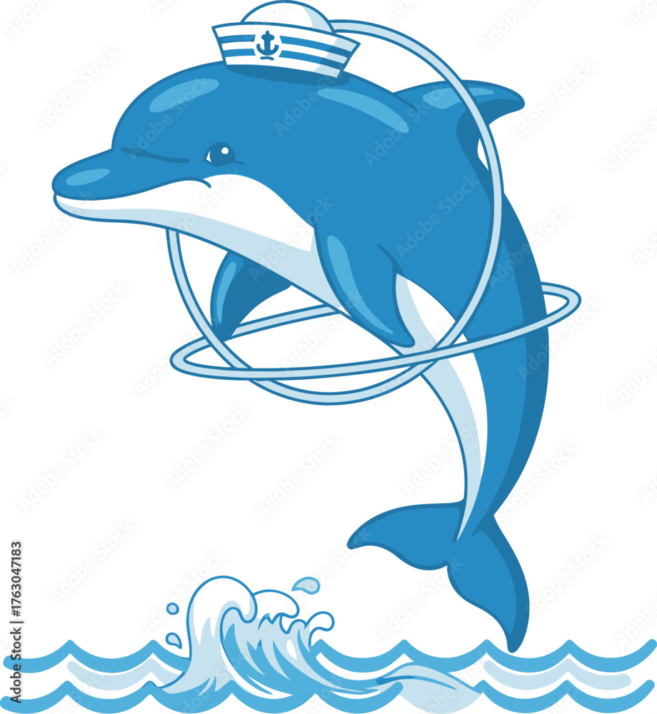 Obraz premium Blue cartoon dolphin in sailor hat jumping through hoops over ocean waves character