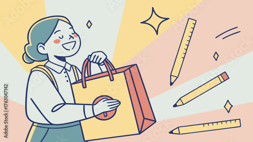 Smiling student holding shopping bag and school supplies