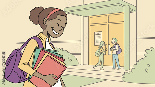 Smiling teenage girl holding books near school entrance