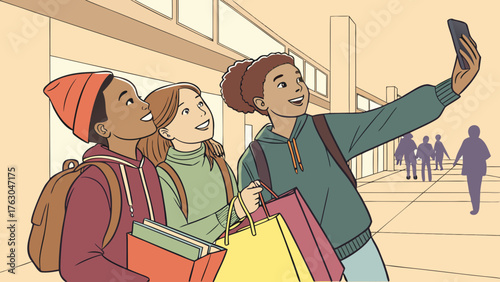 Three cheerful teenagers shopping and looking up with bags