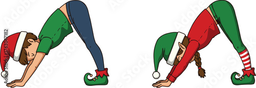 Holiday yoga characters, festive fitness illustration, elf costume workout pose, Christmas exercise theme, downward dog posture, seasonal wellness cartoon design
