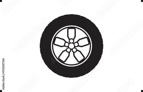 Black rubber wheel tire design. Wheel tires. Car tire tread tracks, Mini Van racing wheel mascot design. Tyres road maintenance vector automobile. Auto Van wheel tyre. Vector illustration rim design