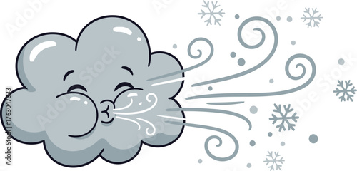 Cartoon cloud blowing wind and snowflakes on a white background vector illustration