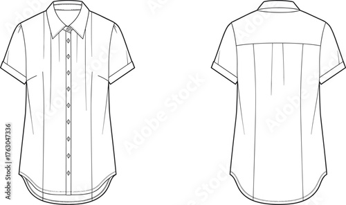 Short sleeve shirt, button-up front, fashion flat sketch, technical drawing, garment design, sewing template, collar detail, apparel illustration, back yoke