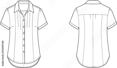 Short sleeve blouse, button-up front, fashion flat sketch, technical drawing, garment design, collar detail, sewing template, apparel illustration, back yoke