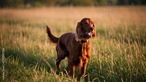 Irish Setter Dog Running Through a Golden Field at Sunset.