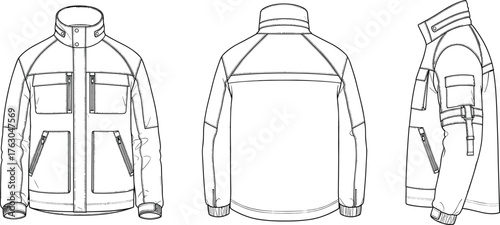 Utility jacket technical sketch, front, back, side view, fashion flat drawing, zip pocket detail, garment construction, apparel illustration, strap design