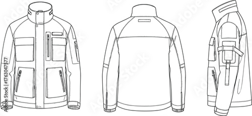 Utility jacket technical sketch, front, back, side view, fashion flat drawing, multi-pocket design, garment construction, apparel illustration, sleeve detail