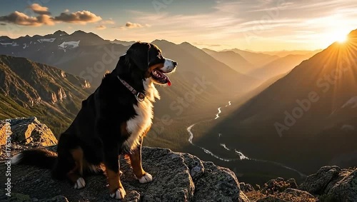 Majestic Bernese Mountain Dog Watches a Beautiful Sunrise Over the Peaks.
