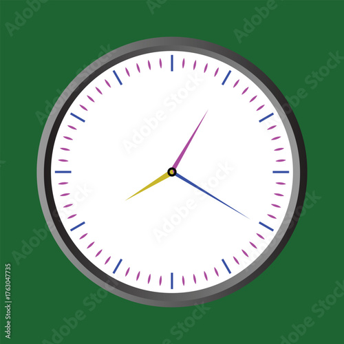 A colorful clock with a white face and a gray frame on a green background showing the time with its hour, minute, and second hands