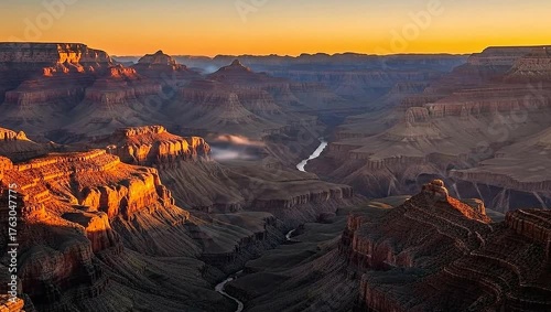 Majestic Grand Canyon Sunrise with a Bird Soaring Over the Vast Landscape.