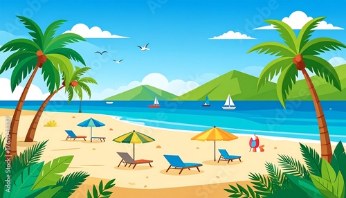 Cartoon beach scene with palm trees, umbrellas, and ocean