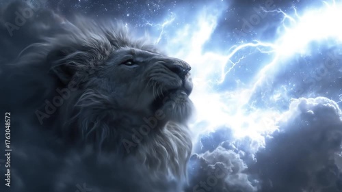 Epic White Lion Emerging from Storm Clouds with Striking Lightning. Majestic Wildlife Power, Dramatic Sky Concept