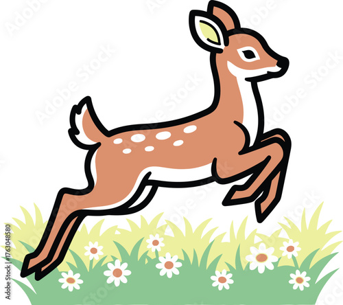 Cute cartoon fawn leaping joyfully through a field of daisies and grass deer baby deer