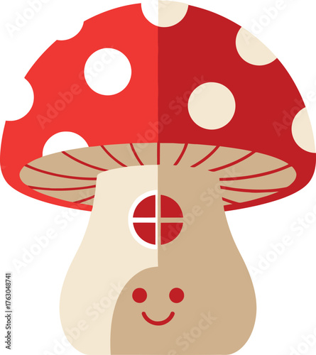 A cute cartoon mushroom house stands with a red cap and white polka dots. Its cozy windows and door make it look welcoming. The simple style gives the scene a charming, fairy-tale feel.
