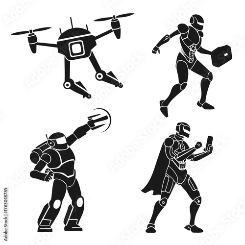 Robots and drone in black and white style