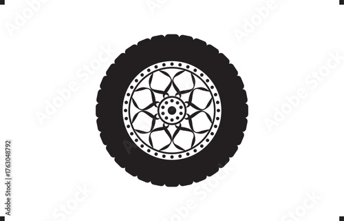 Black rubber wheel tire design. Wheel tires. Car tire tread tracks, Mini Van racing wheel mascot design. Tyres road maintenance vector automobile. Auto Van wheel tyre. Vector illustration rim design