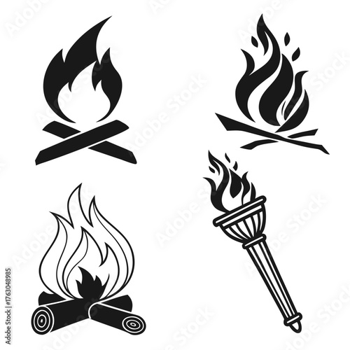 Bonfire and torch set, flame and firewood icon