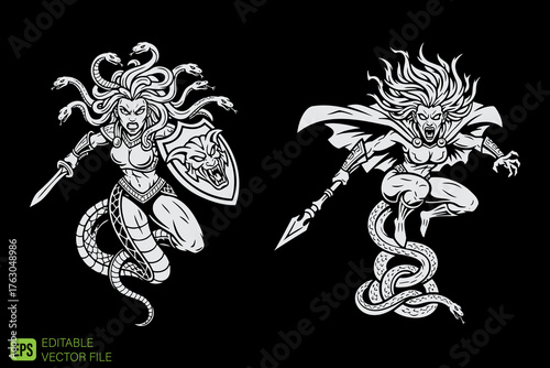 Two Medusa-like mythical creatures with snakes and weapons.