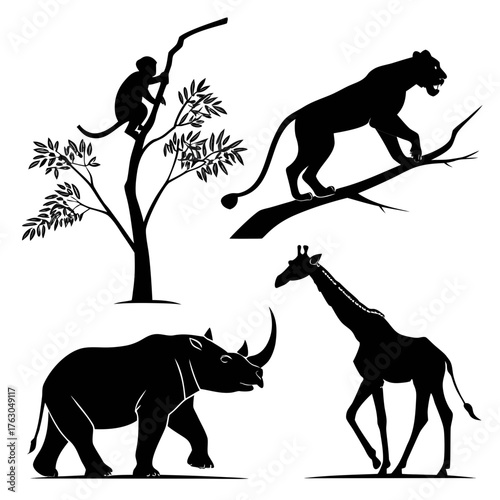 Black and white vector illustration of wild animals