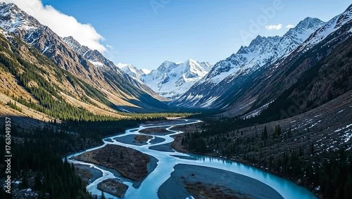 Majestic Mountain River Valley - A Scenic Landscape of Natures Beauty.