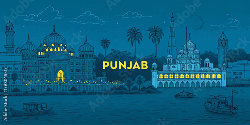 Punjab Skyline Sketch with Heritage Landmarks like Golden Temple, Qila Mubarak, and Patiala Fort – Tourism Art for Print, Wall Decor, and Souvenirs