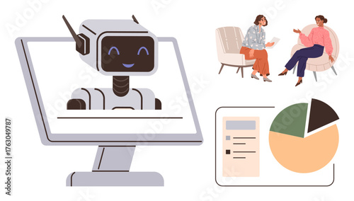 Smiling chatbot on monitor, two individuals having a discussion, and analytics chart with data segmentation. Ideal for AI, innovation, teamwork, analytics, technology, customer engagement simple