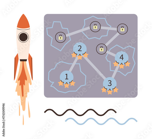 Rocket takes off, map connects points with stars and locks. Ideal for strategy planning, gamification, progress tracking, goal setting, innovation, teamwork space exploration. Simple flat metaphor