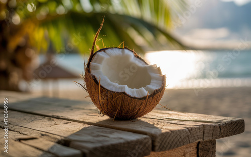 Half coconut on a wooden table at a tropical beach with palm tree