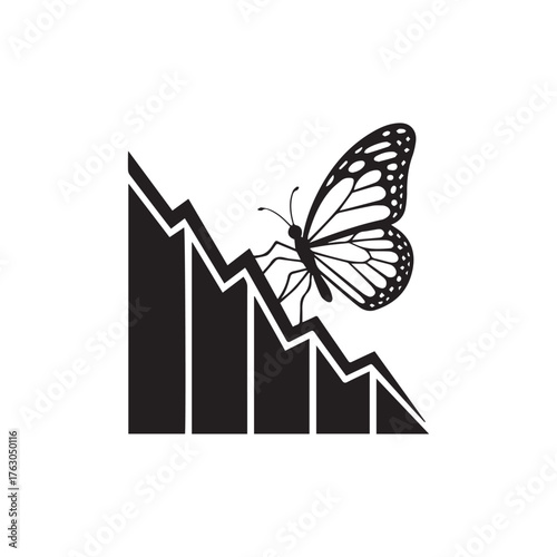 Vector art of butterfly perched on a descending bar graph, symbolizing market volatility and economic downturn