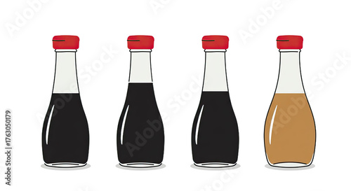 Four glass soy sauce bottles with red caps, three with dark soy sauce and one with light soy sauce, isolated on white background, perfect for food packaging and culinary presentations